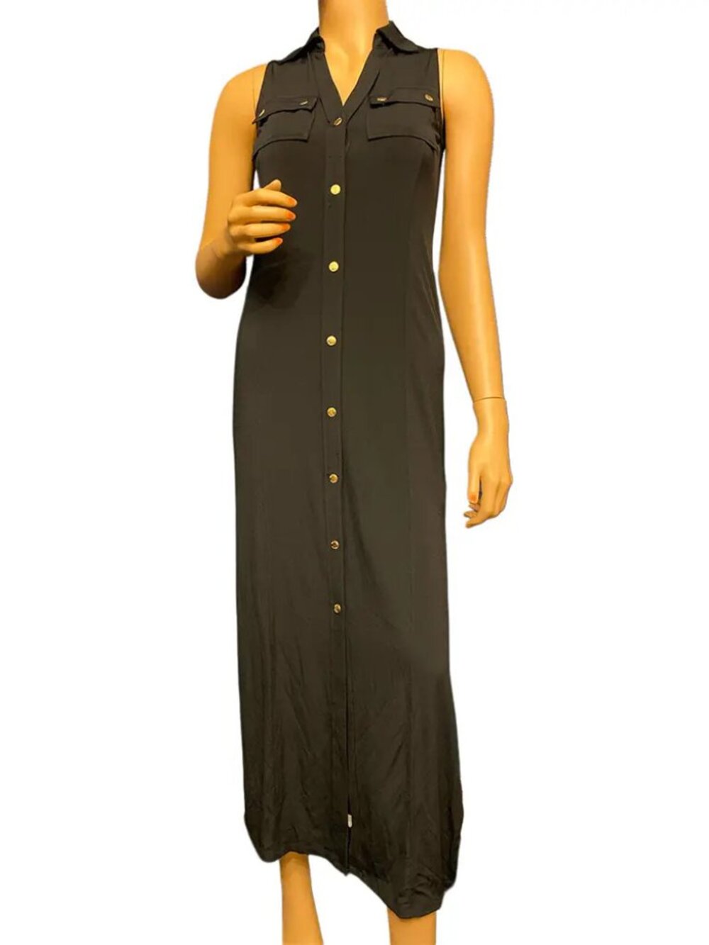 Michael Kors Black Sleeveless Maxi Shirtdress with Gold Hardware
